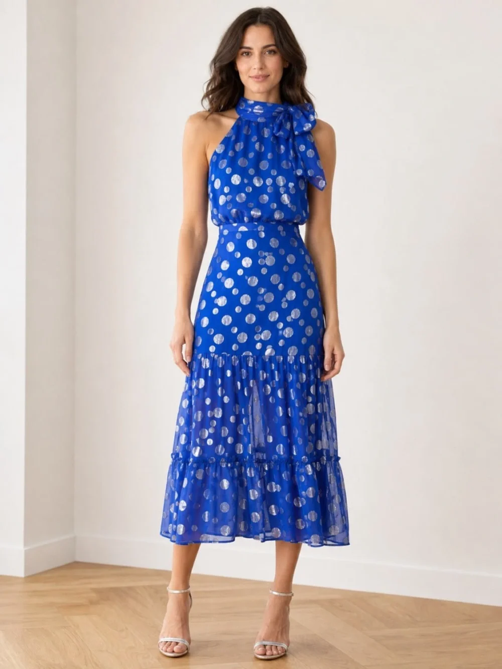 RIXO Royal Blue Halter Maxi Dress with Silver accents size small - Picture 1 of 12